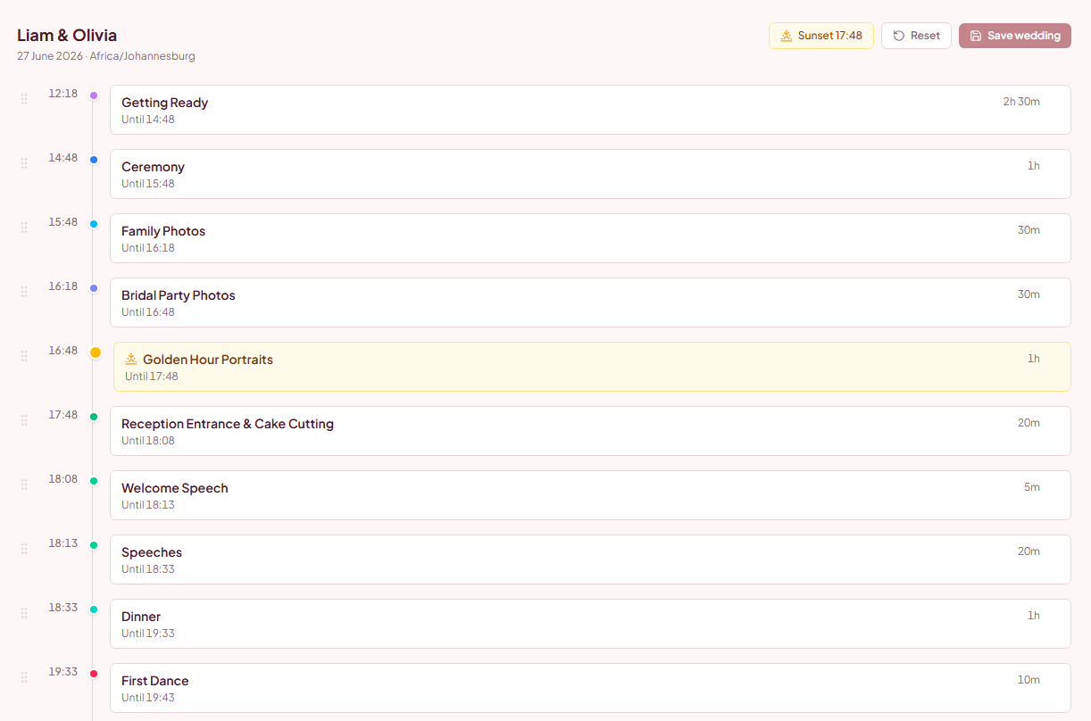 Full wedding day schedule with golden hour timed perfectly